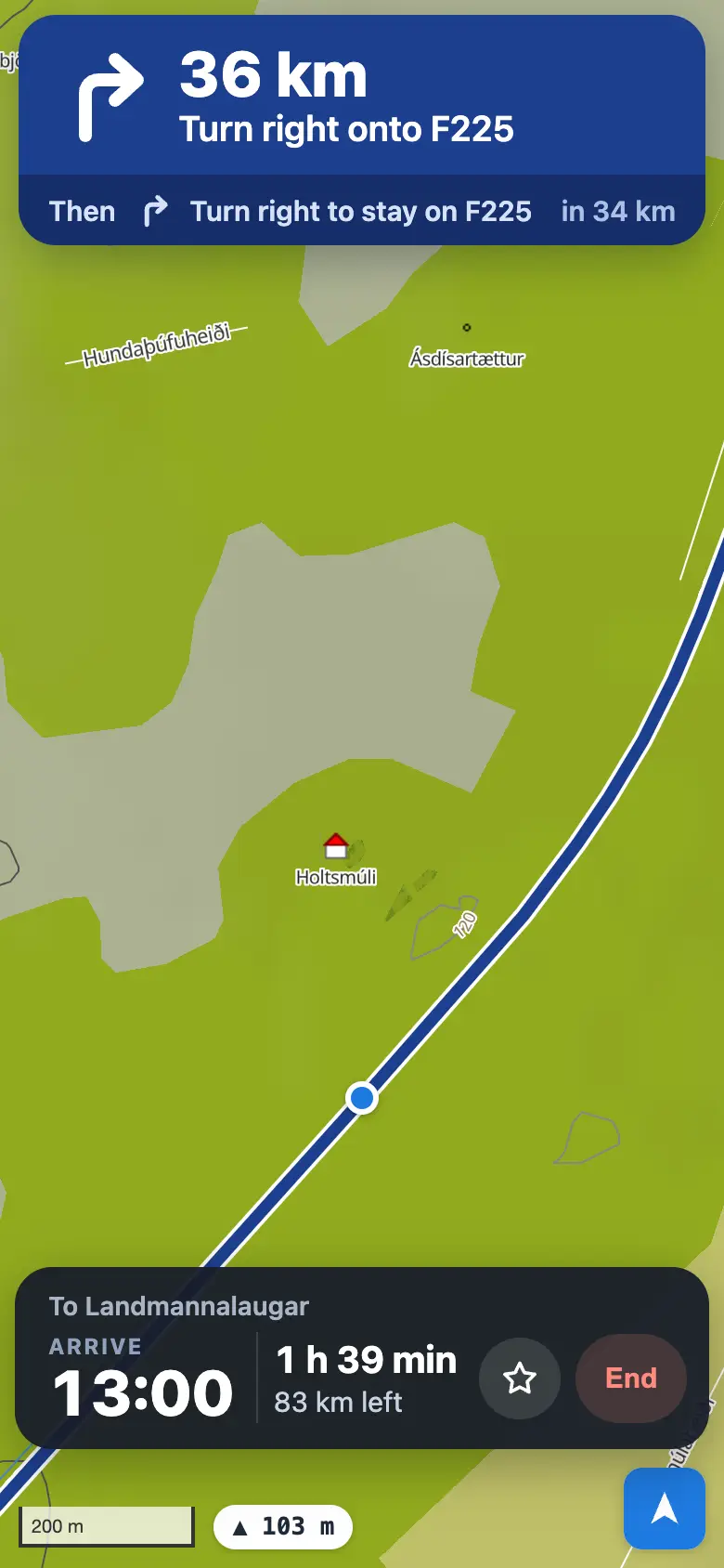 Navigating: a blue banner with the next turn, Turn right onto F225 in 36 km, and a dark panel with the arrival time and distance left