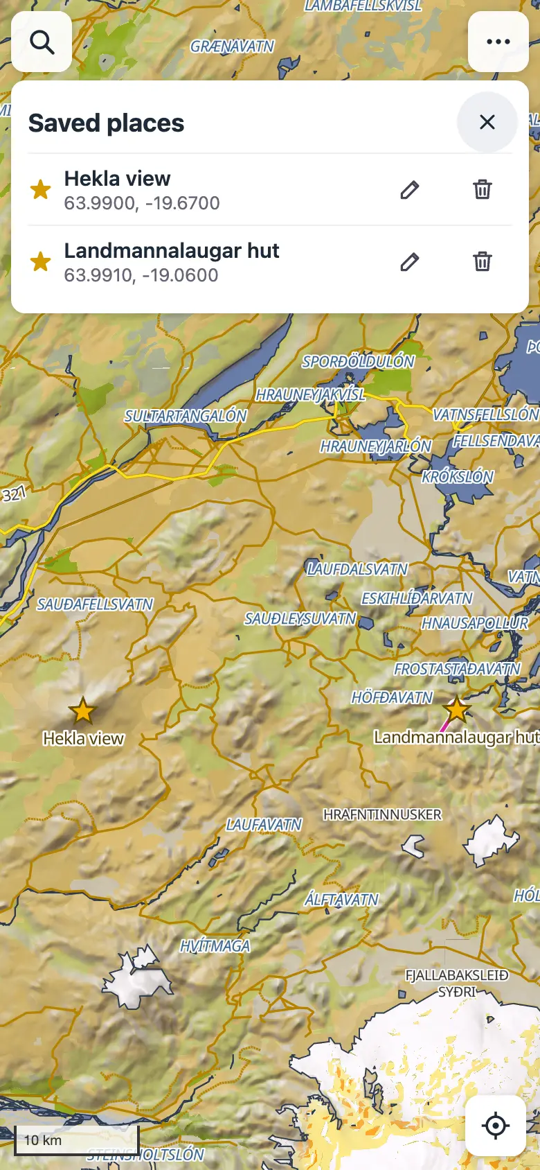 The Saved places panel listing two saved places, and their gold stars on the map