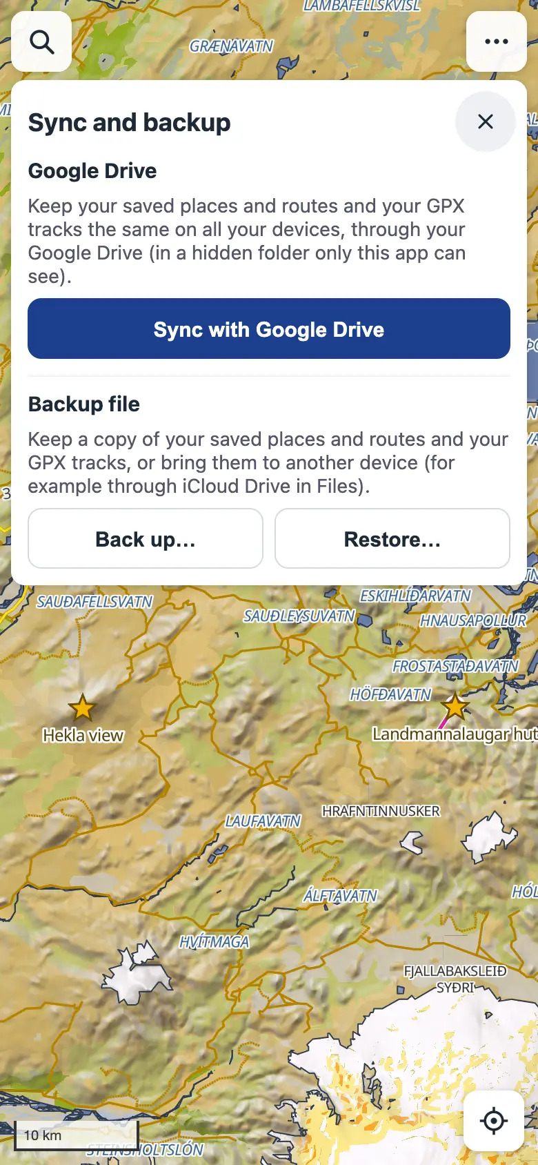 The Sync and backup panel with Sync with Google Drive, Back up and Restore